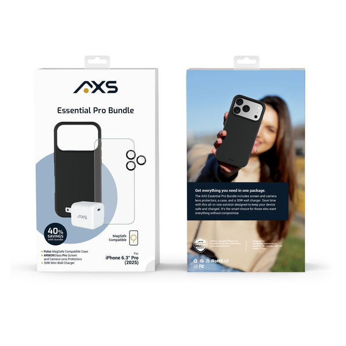 AXS Pulse Starter Kit 4-in-1 Bundle (Case / Screen Protector / Wall Charger / Lens Protectors) for Apple iPhone 17 Pro Black