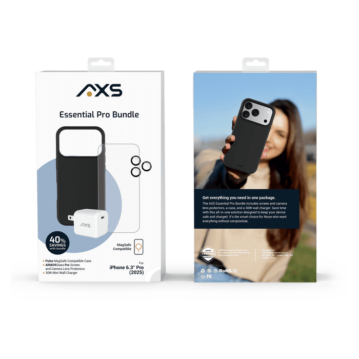 AXS Pulse Starter Kit 4-in-1 Bundle (Case / Screen Protector / Wall Charger / Lens Protectors) for Apple iPhone 17 Pro Black