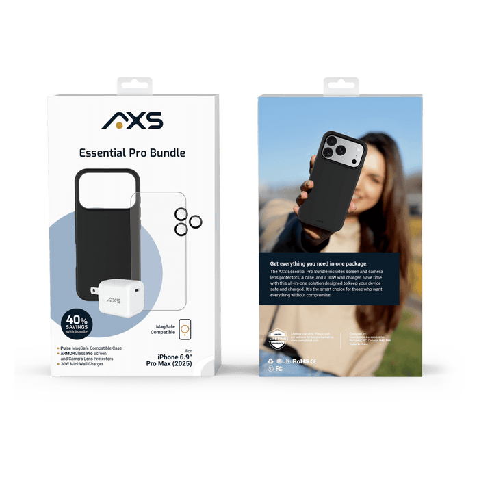 AXS Pulse Starter Kit 4-in-1 Bundle (Case / Screen Protector / Wall Charger / Lens Protectors) for Apple iPhone 17 Pro Max Black