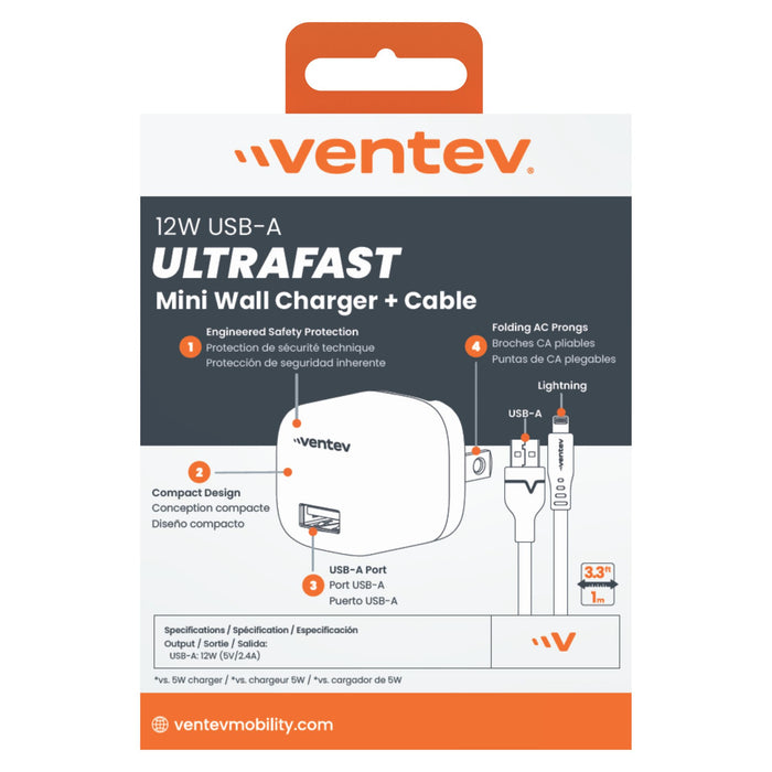 Ventev 12W USB-A Universal Mini Wall Charger and USB-A to Apple Lightning Cable Gray