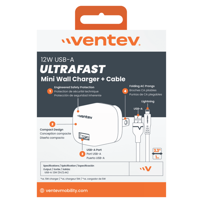 Ventev 12W USB A Wall Charger and USB A to Apple Lightning Cable