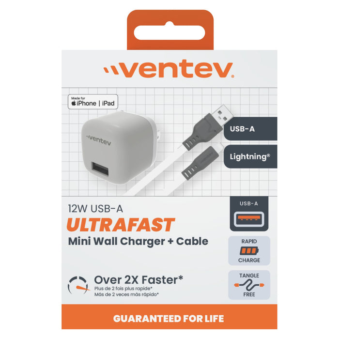 Ventev 12W USB-A Universal Mini Wall Charger and USB-A to Apple Lightning Cable Gray