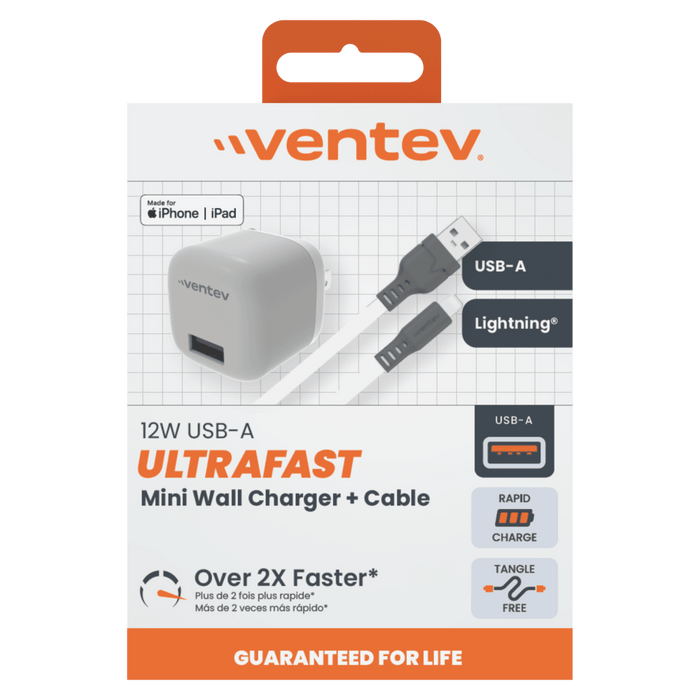 Ventev 12W USB A Wall Charger and USB A to Apple Lightning Cable