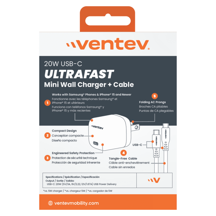 Ventev 20W ULTRAFAST USB-C Universal Mini Wall Charger and USB-C to USB-C High Speed Cable -