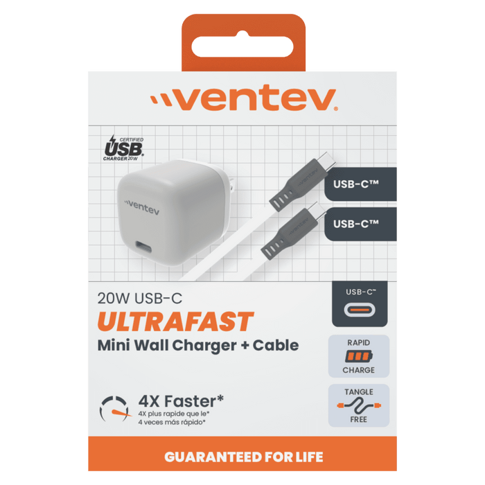 Ventev 20W ULTRAFAST USB-C Universal Mini Wall Charger and USB-C to USB-C High Speed Cable -