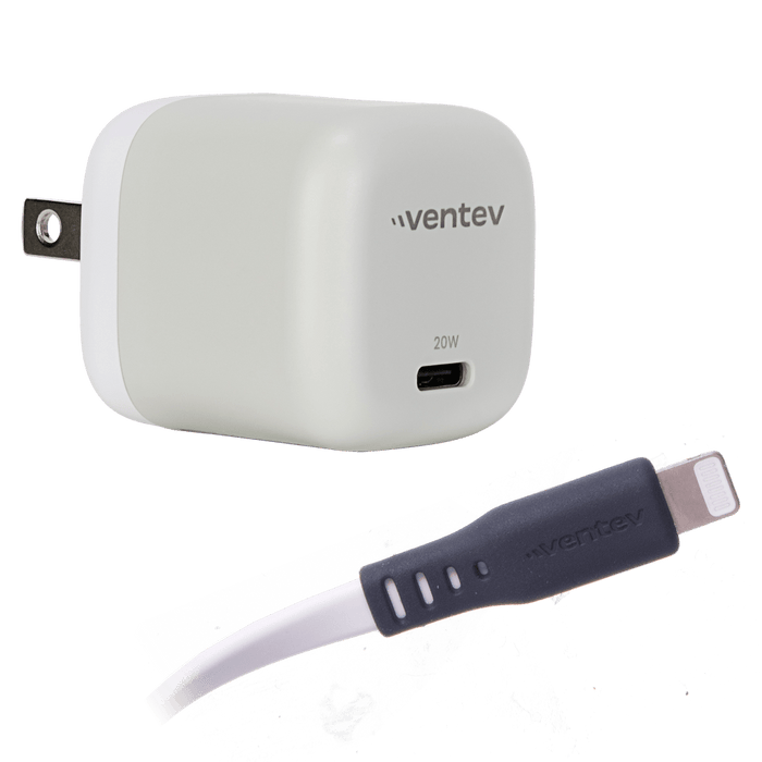 Ventev 20W ULTRAFAST USB C Universal Mini Wall Charger and USB C to Apple Lightning High Speed Cable White