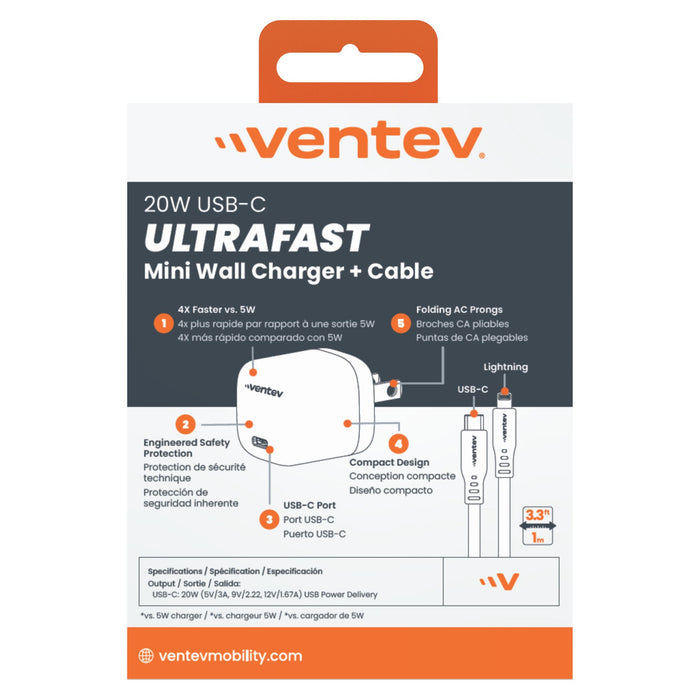 Ventev 20W ULTRAFAST USB-C Universal Mini Wall Charger and USB-C to Apple Lightning High Speed Cable