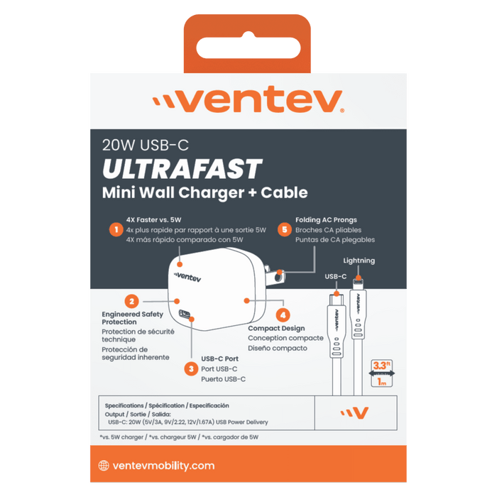 Ventev 20W ULTRAFAST USB C Universal Mini Wall Charger and USB C to Apple Lightning Cable