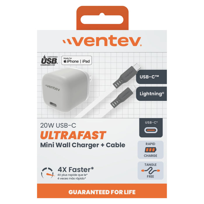 Ventev 20W ULTRAFAST USB-C Universal Mini Wall Charger and USB-C to Apple Lightning High Speed Cable