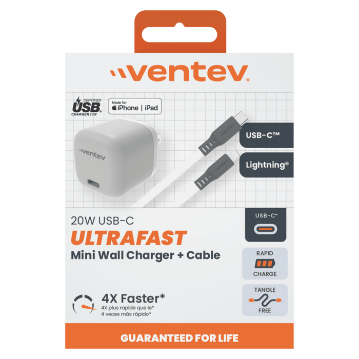 Ventev 20W ULTRAFAST USB C Universal Mini Wall Charger and USB C to Apple Lightning Cable