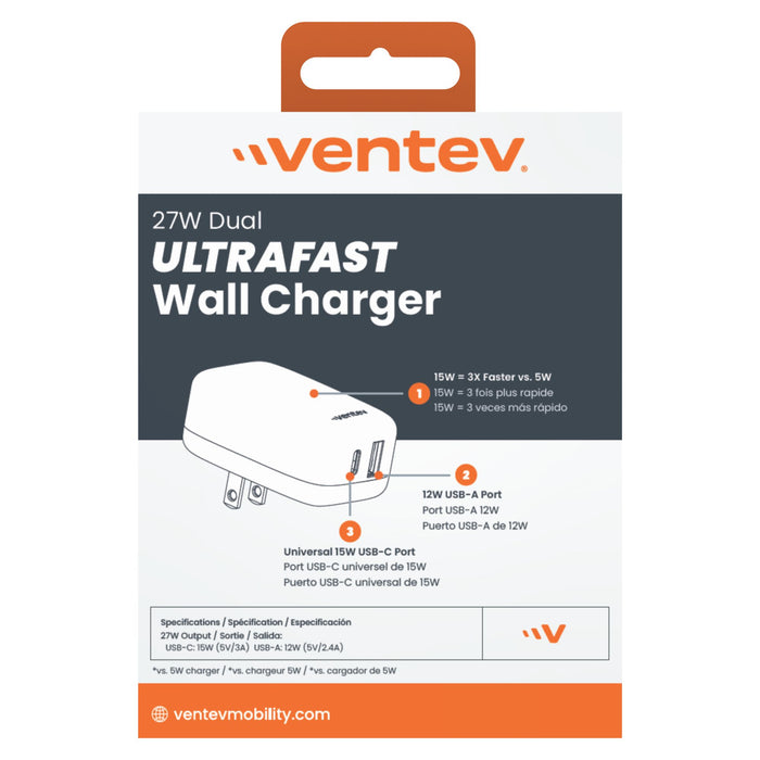 Ventev 27W Dual USB-C and USB-A Wall Charger