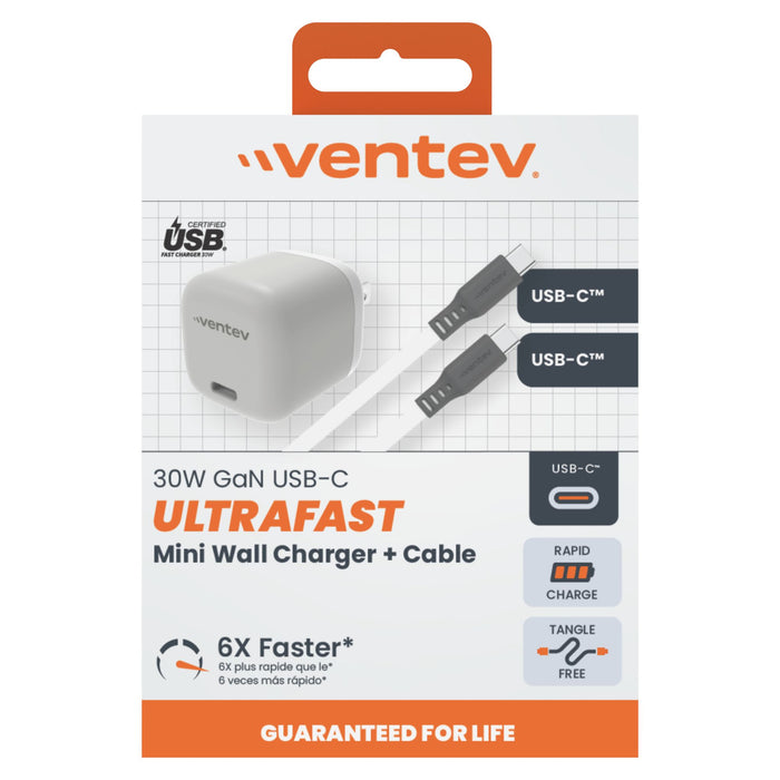 Ventev 30W ULTRAFAST USB-C Mini GaN Wall Charger and USB-C to USB-C Cable White