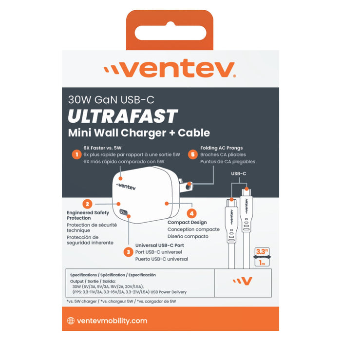 Ventev 30W ULTRAFAST USB-C Mini GaN Wall Charger and USB-C to USB-C Cable White