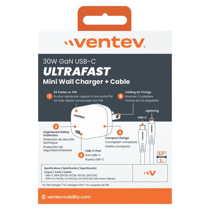 Ventev 30W ULTRAFAST USB-C Mini GaN Wall Charger and USB-C to Apple Lightning Cable Gray