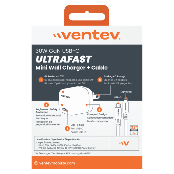 Ventev 30W Mini Wall Charger and USB C to Apple Lightning Cable