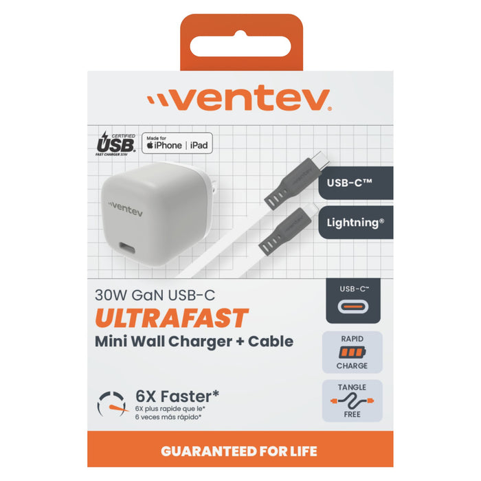 Ventev 30W ULTRAFAST USB-C Mini GaN Wall Charger and USB-C to Apple Lightning Cable Gray