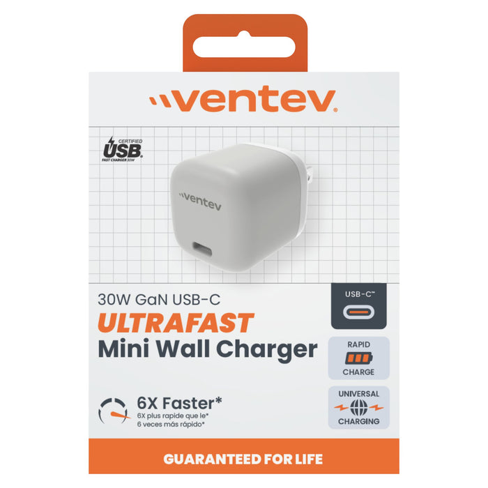 Ventev 30W ULTRAFAST USB-C Universal GaN Mini Wall Charger White