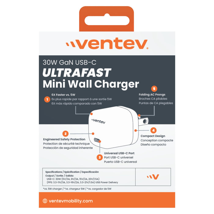 Ventev 30W ULTRAFAST USB-C Universal GaN Mini Wall Charger White
