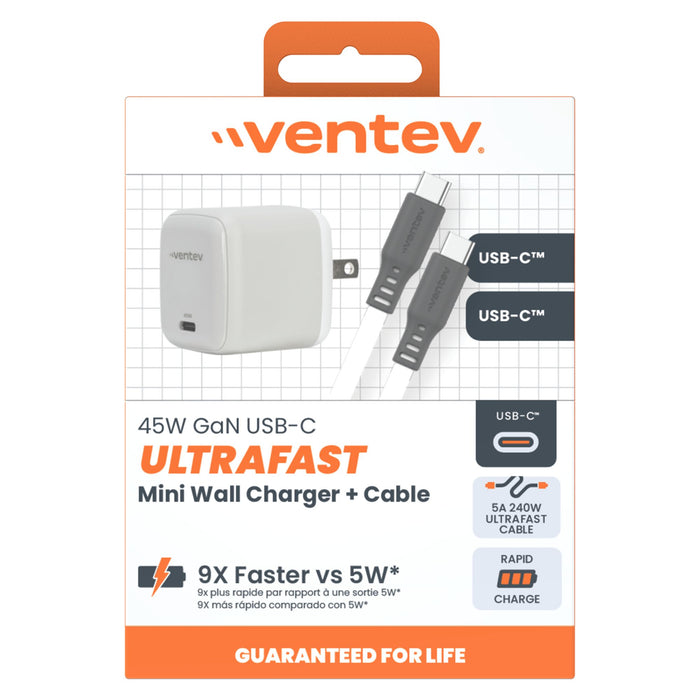 Ventev 45W ULTRAFAST USB-C Universal GaN Mini Wall Charger and 240W USB-C to USB-C Cable