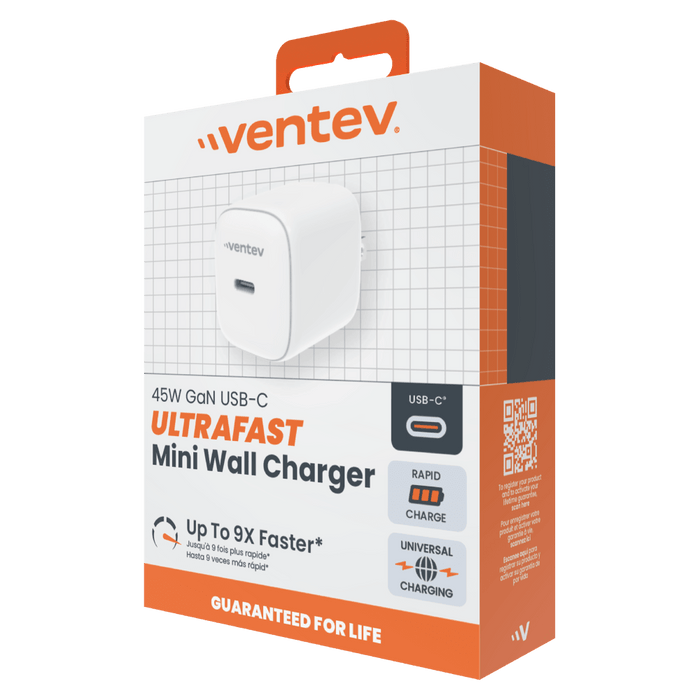Ventev 45W ULTRAFAST USB-C Universal GaN Mini Wall Charger White