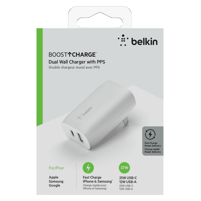 Belkin Dual Port USB A and USB C PD 37W Wall Charger with PPS White
