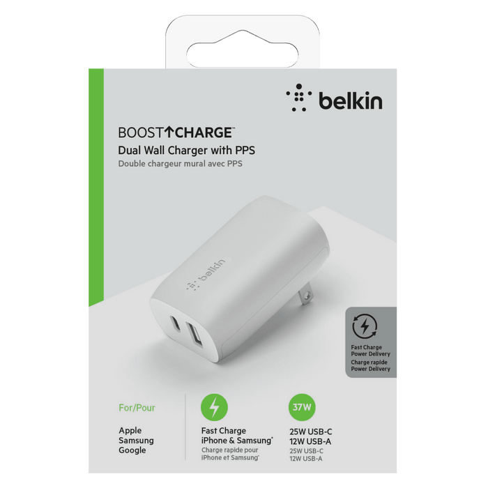 Belkin Dual Port USB A and USB C PD 37W Wall Charger with PPS White