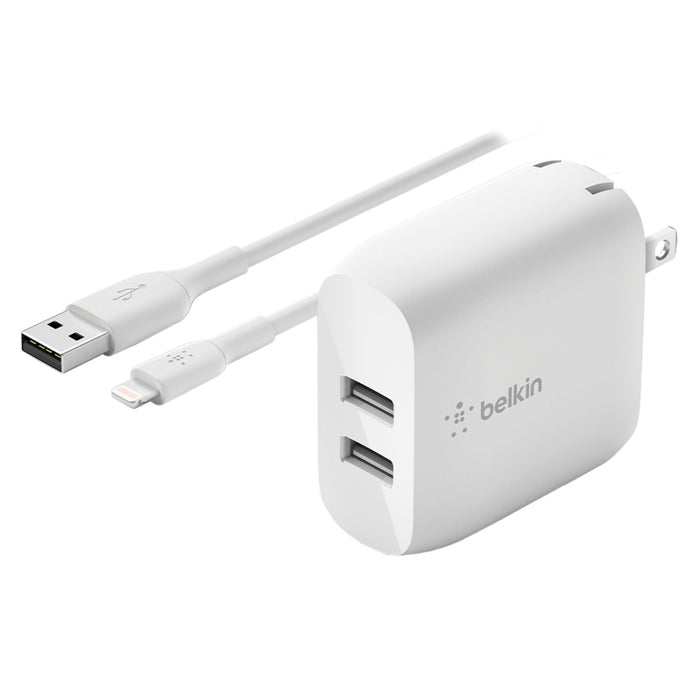 Belkin Dual Port USB A 24W Wall Charger with Apple Lightning Cable 3ft