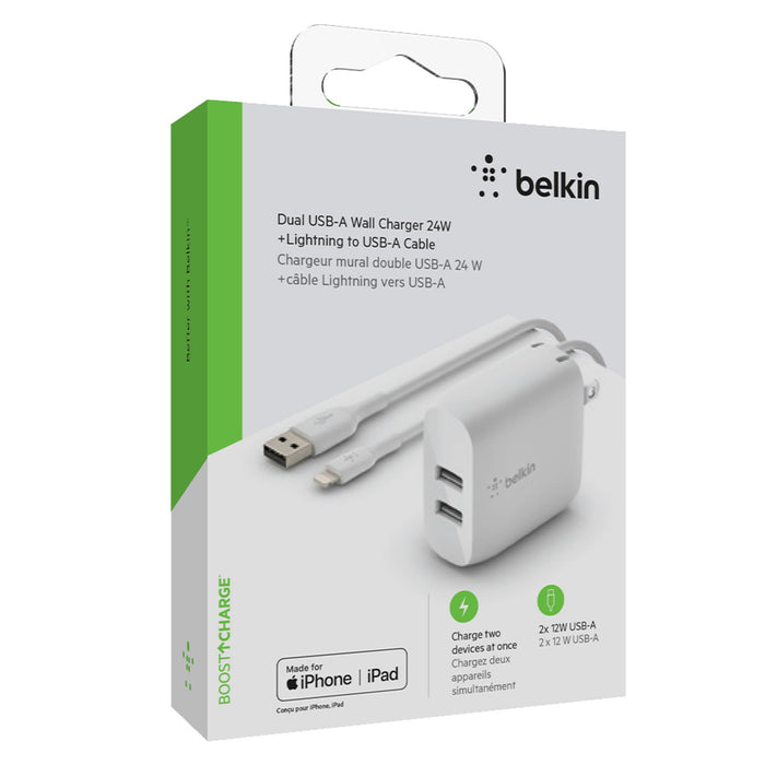 Belkin Dual Port USB A 24W Wall Charger with Apple Lightning Cable 3ft White
