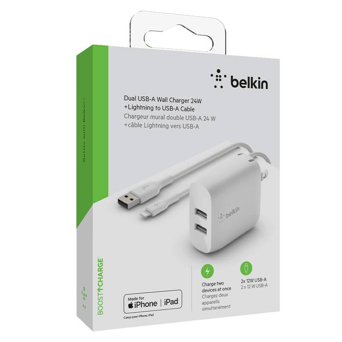 Belkin Dual Port USB A 24W Wall Charger with Apple Lightning Cable 3ft White