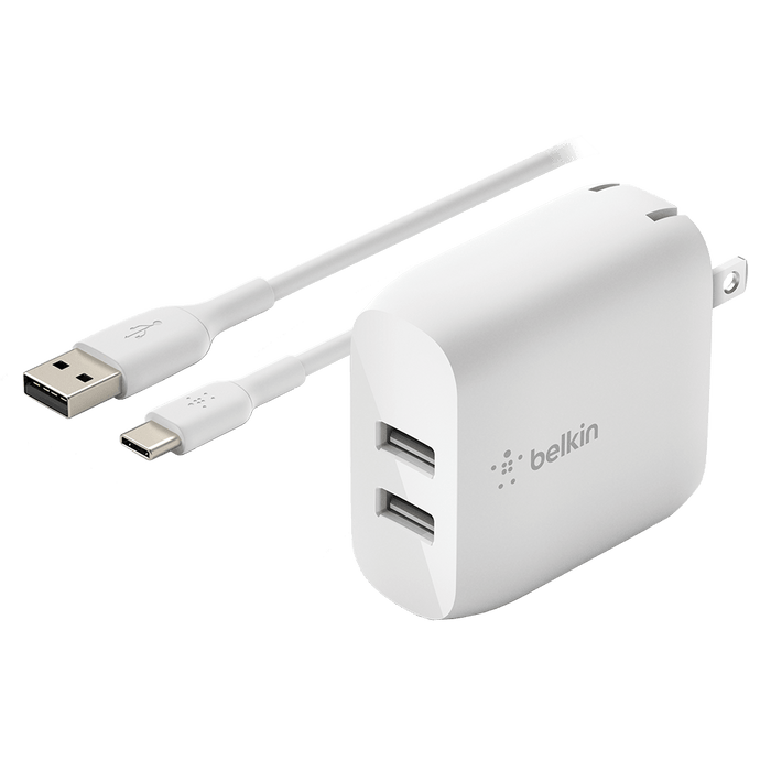 Belkin Dual Port USB A 24W Wall Charger with USB A to USB C Cable 3ft White
