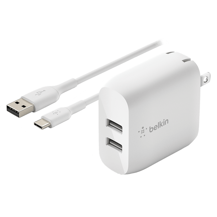 Dual Port USB A 24W Wall Charger with USB A to USB C Cable 3ft