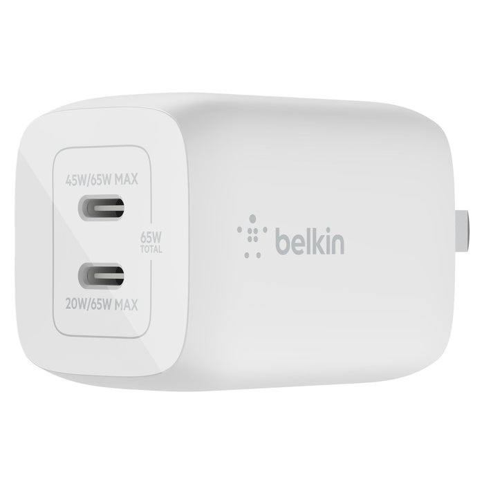 Belkin 65W Dual USB C GaN Wall Charger with PPS and USB C to USB C Cable White