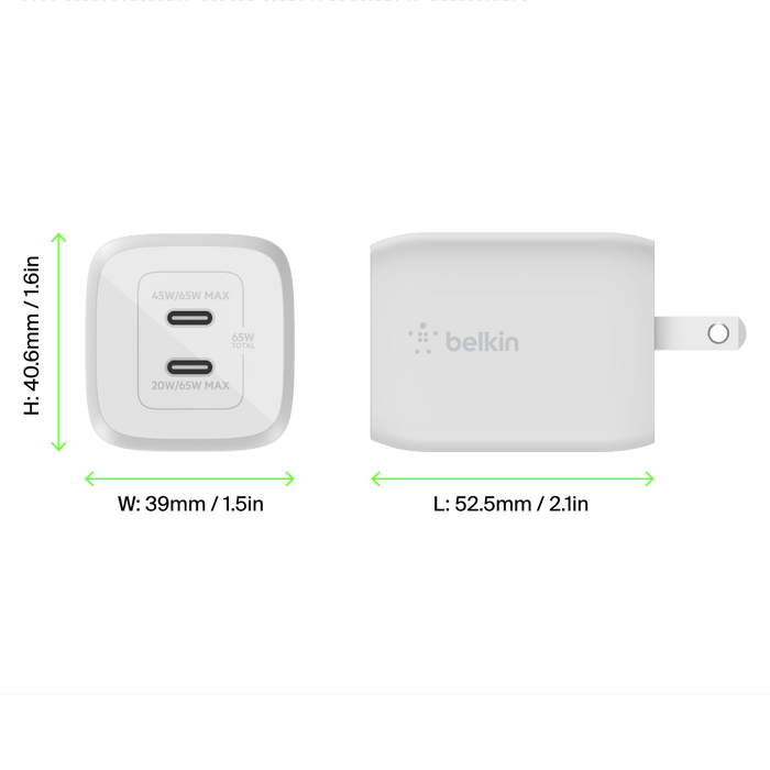 Belkin 65W Dual USB C GaN Wall Charger with PPS and USB C to USB C Cable