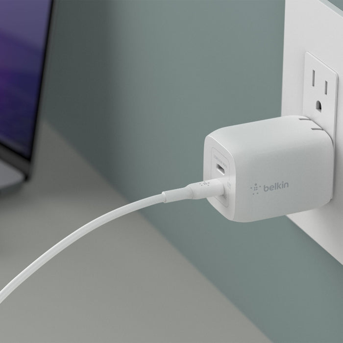 Belkin 65W Dual USB C GaN Wall Charger with PPS and USB C to USB C Cable White