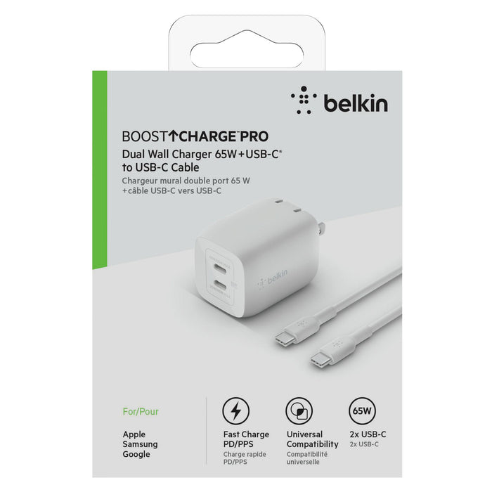 Belkin 65W Dual USB C GaN Wall Charger with PPS and USB C to USB C Cable White