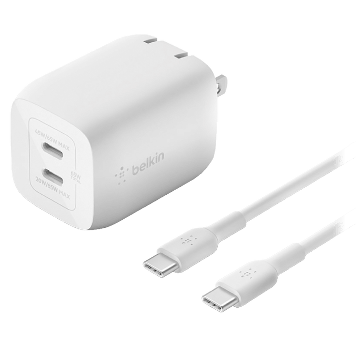 Belkin 65W Dual USB C GaN Wall Charger with PPS and USB C to USB C Cable White