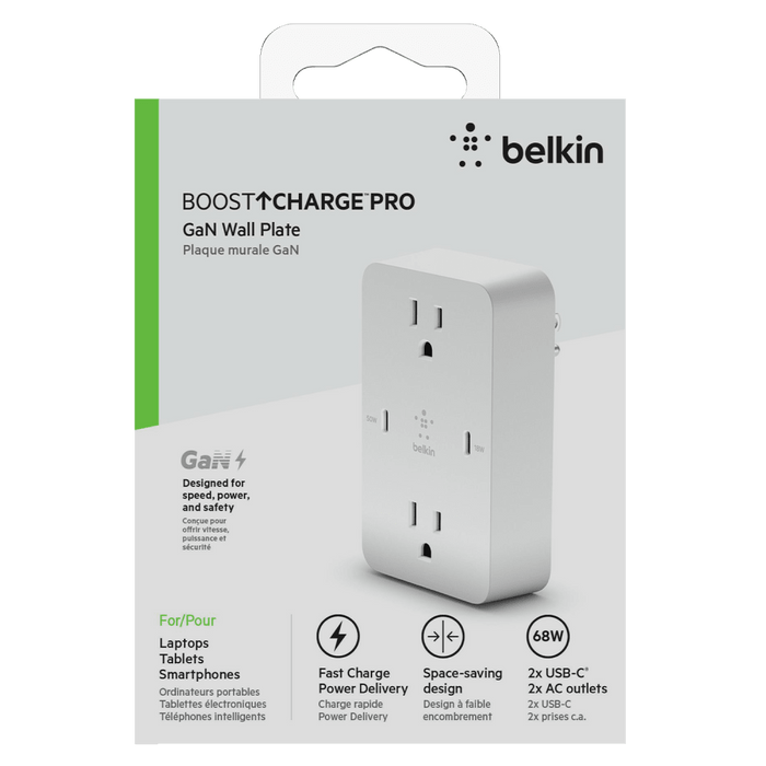 Belkin BoostCharge GaN USB C Wall Plate 68W White