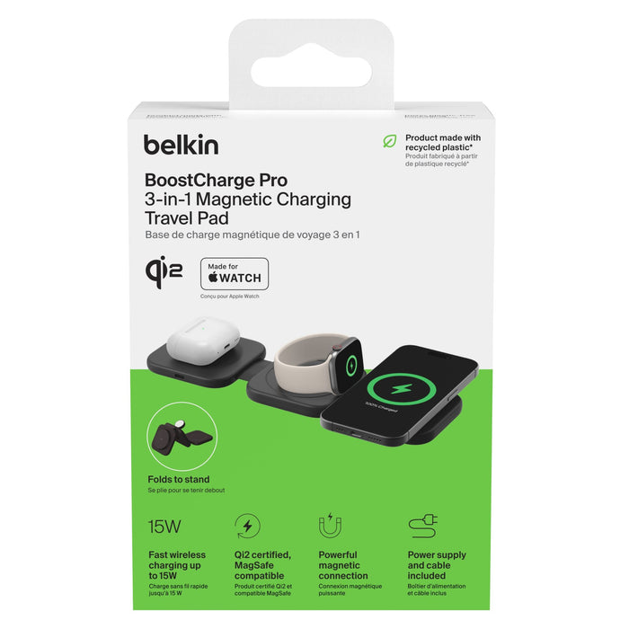 Belkin BoostCharge Pro 3-in-1 Magnetic Wireless Charging Travel Pad with Qi2 15W Black