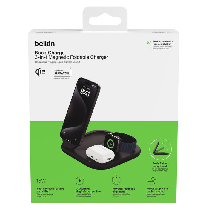 Belkin BoostCharge 3 in 1 Magnetic Foldable Wireless Charger with Qi2 15W Black