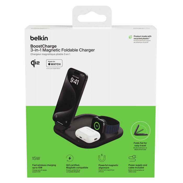 Belkin BoostCharge 3 in 1 Magnetic Foldable Wireless Charger with Qi2 15W Black